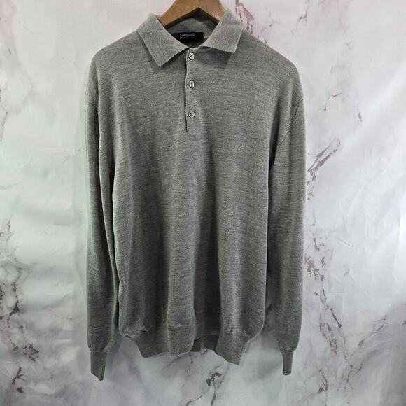 Giorgiolini Sweater Mens Large Gray Merino Wool Collared Polo Henley Button - Picture 1 of 10